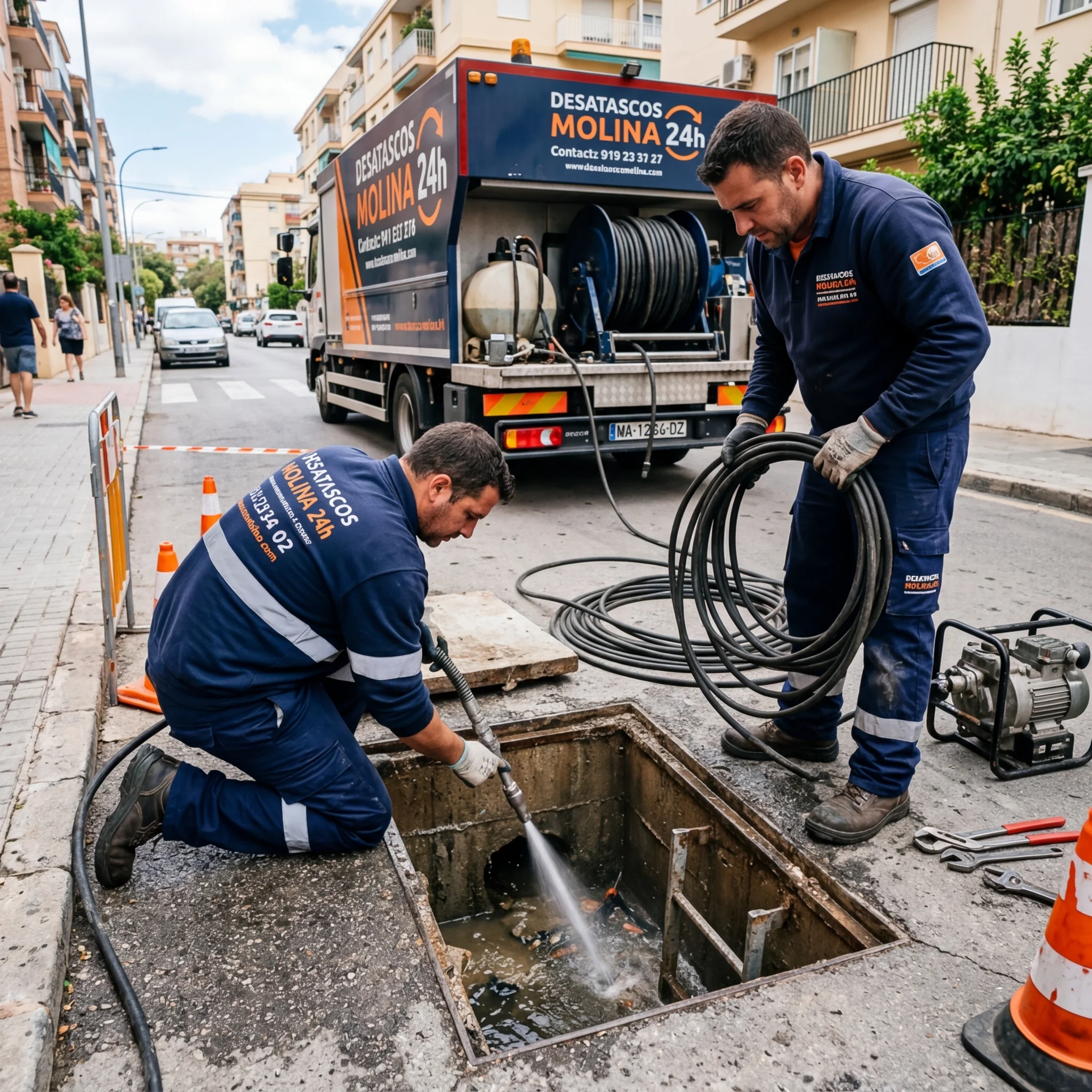 Limpieza de arqueta de registro con camión de baldeo en Molina de Segura