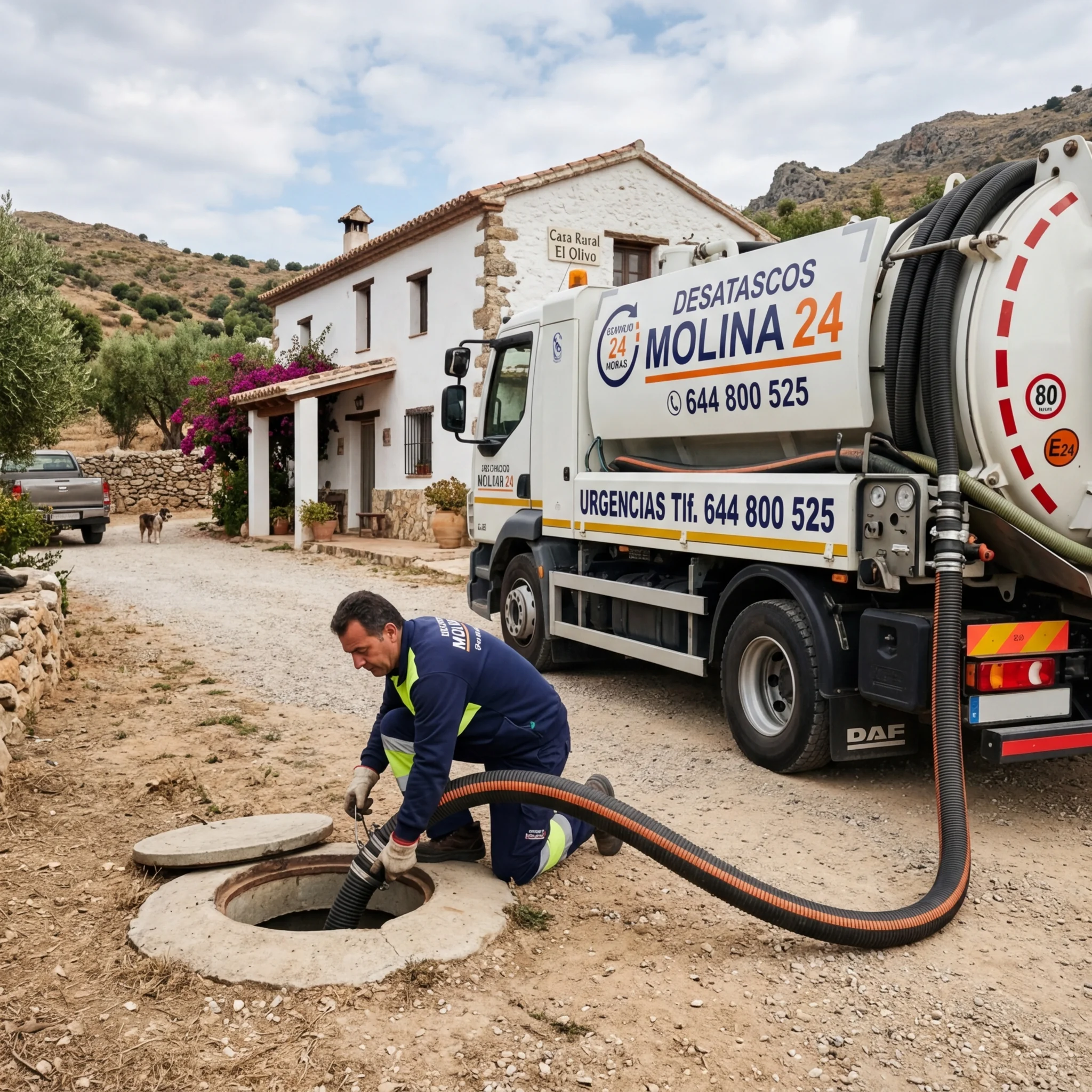 Camión cuba Desatascos Molina 24 vaciando fosa séptica en zona rural de Murcia