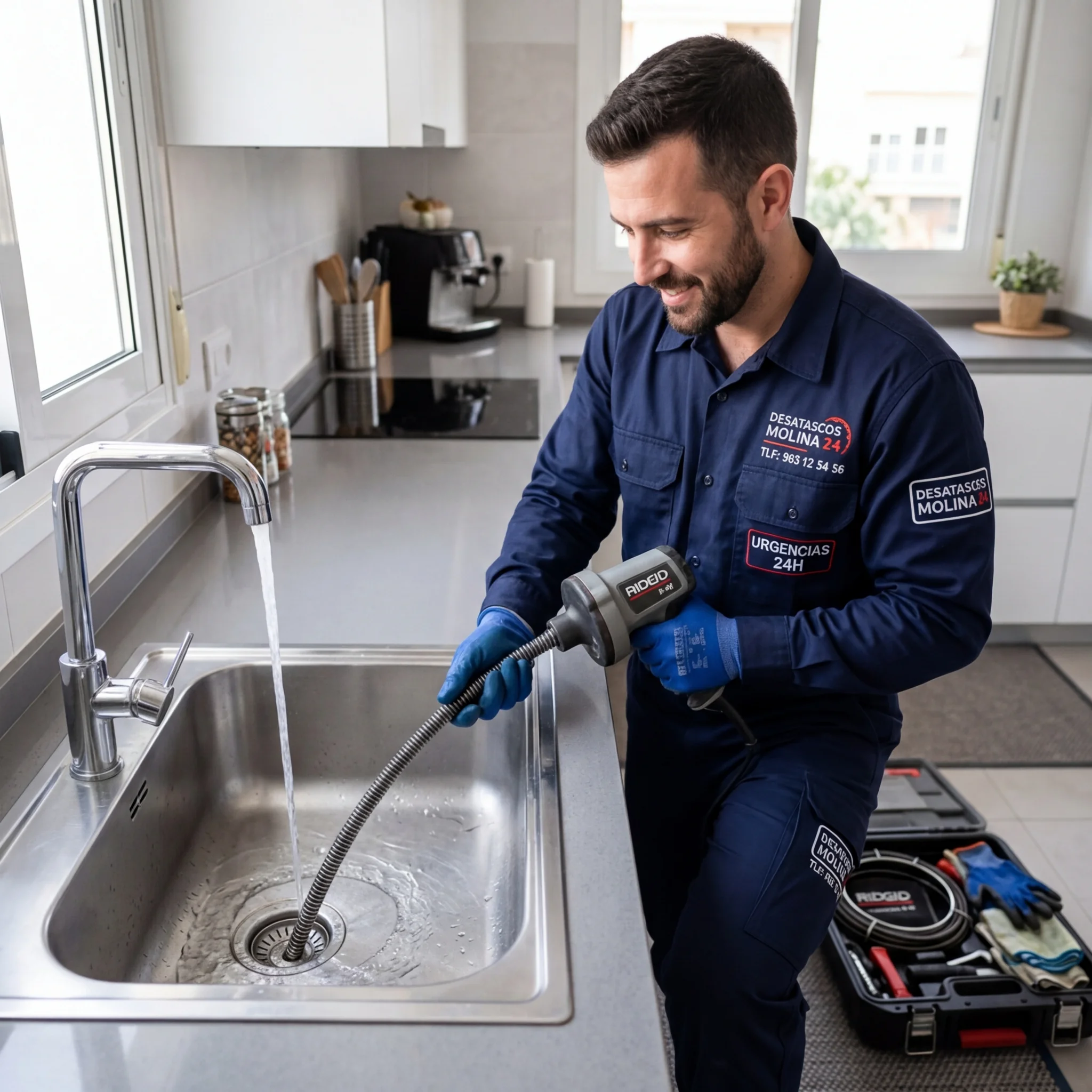 Fontanero desatascando fregadero de cocina en Murcia con máquina profesional